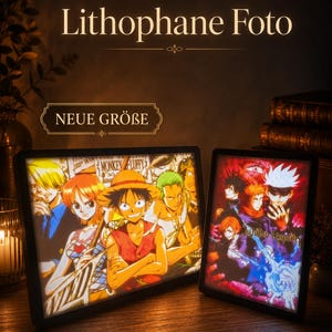 May include: Two rectangular illuminated lithophane panels in black frames. The left panel displays a One Piece anime group illustration. The right panel features a Jujutsu Kaisen anime scene with characters and text. Text reads Lithophane Foto and NEUE GRÖBE.