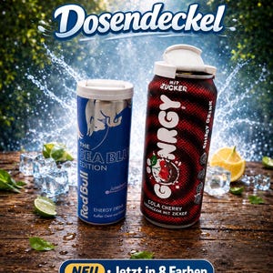 May include: Two beverage cans topped with white plastic lids. The left can is blue with Red Bull The Sea Blue Edition branding. The right can is black and red with GNRGY Cola Cherry branding and the text Mit Zucker. Text reads Dosendeckel and Neu.