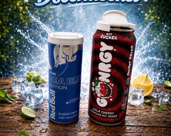 May include: Two beverage cans topped with white plastic lids. The left can is blue with Red Bull The Sea Blue Edition branding. The right can is black and red with GNRGY Cola Cherry branding and the text Mit Zucker. Text reads Dosendeckel and Neu.