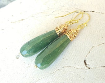 Green Long Dangle Earrings. Green Faceted Jade Earrings. Gold or Sterling Silver Wire Wrapped Green Stone Earrings. Dark Green Jade Jewelry