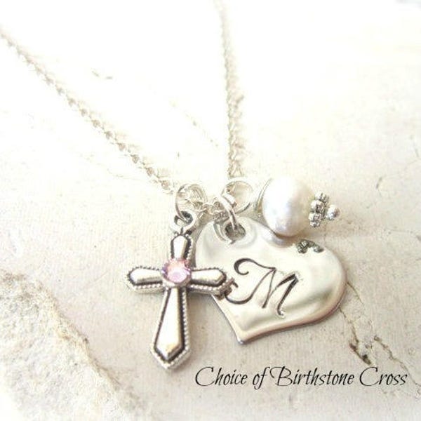 Girl's First Communion Gift.Children's Birthstone Cross Necklace.Girl's Heart Initial & Pearl Charm Necklace.Baptism Gift.Birthstone Jewelry