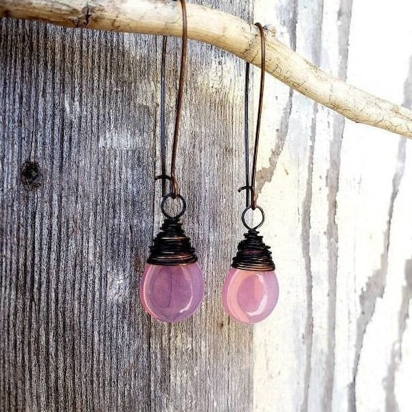 Long Pink Opal Earrings. Wire Wrapped Opal Glass Pink Earrings. Soft Pink Dangle Earrings. Milky Pink Glass Drop Earrings. Opal Pink Jewelry