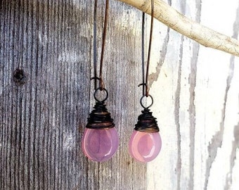 Long Pink Opal Earrings. Wire Wrapped Opal Glass Pink Earrings. Soft Pink Dangle Earrings. Milky Pink Glass Drop Earrings. Opal Pink Jewelry