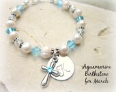 March Birthstone Bracelet.First Communion Gift.Children 39 s Aquamarine Crystal Cross Pearl Bracelet.Birthstone Jewelry.Pearl Jewelry