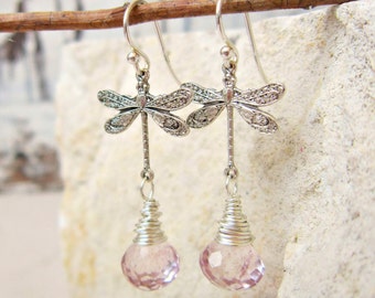 Silver Dragonfly Earrings. Pale Pink Mystic Quartz Earrings. Wire Wrapped Briolette Earrings. Dragonfly Jewelry. Gift for Dragonfly Lover