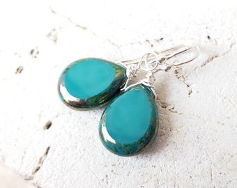 Teal Glass Drop Earrings. Sterling Silver Wrapped Green Glass Dangle Earrings. Glass Turquoise Earrings. Czech Glass Jewelry. Teal Earrings