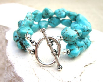 Double Strand Turquoise Bracelet. Chunky Turquoise Howlite Bracelet. Double Strand Toggle Bracelet. Turquoise Jewelry. Howlite Jewelry