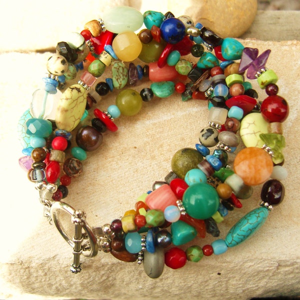 Multi Color Bracelet. Multi Semi Precious Stone Bracelet. Six Strand Toggle Bracelet. Multi Color Jewelry. Colorful Jewelry. Boho Jewelry