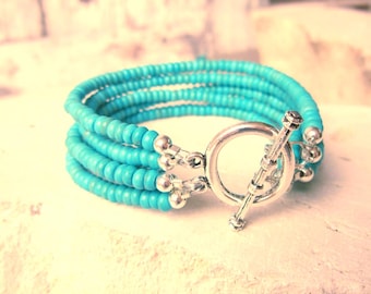 Multi Strand Turquoise Bracelet. Five Strand Heishi Bracelet. Green Turquoise Chunky Bracelet. Turquoise Jewelry. Turquoise Boho Jewelry