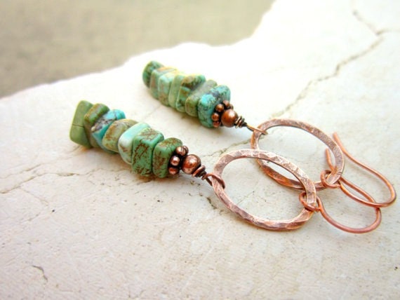Handmade earrings chopsticks green-turquoise No 186 hanging earrings enamel on copper
