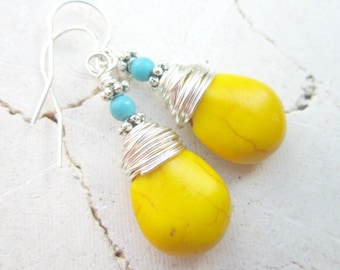 Wire Wrapped Yellow and Turquoise Earrings. Yellow Turquoise Howlite Dangle Earrings. Sunny Yellow Earrings.Turquoise and Yellow Jewelry