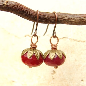 Ruby Red Faceted Jade Earrings. Antique Brass Dangle Earrings. Red Jade Jewelry. Red Semi Precious Stone Earrings. Red Petite Earrings