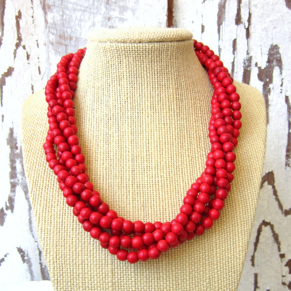 Red Turquoise Necklace. Five Strand Red Howlite Necklace. Red Howlite Jewelry. Adjustable Statement Necklace.Red Jewelry. Bridesmaid Jewelry