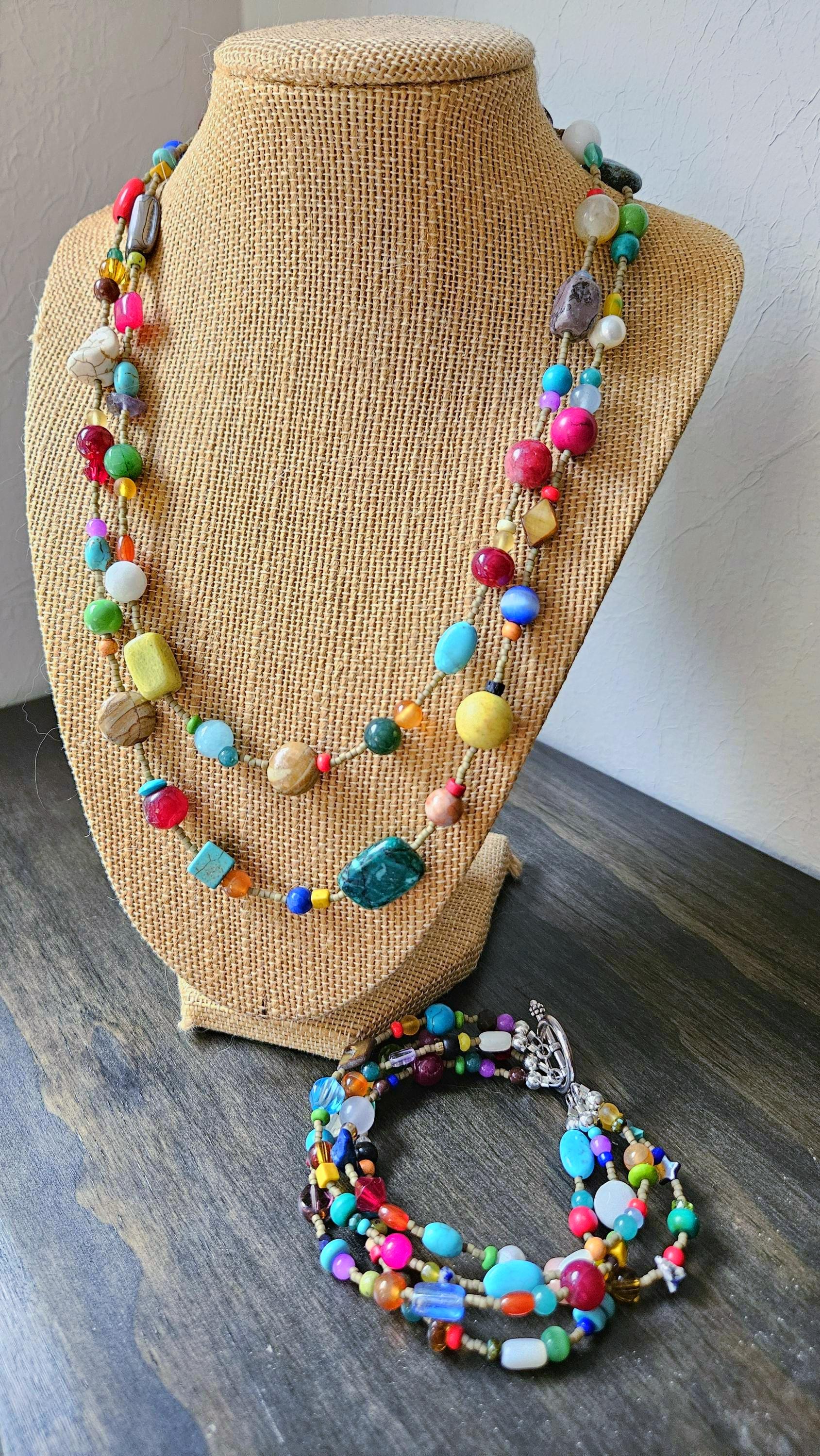 Collier Vintage Perles Multicolores En Pierres Naturelles - Occasion Parfait état