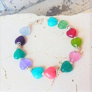 Multi Color Heart Bracelet. Colorful Jade Bracelet. Multi Color Jade Heart Jewelry.Jade Bracelet.Jade Jewelry.Gift for Her.Colorful Bracelet