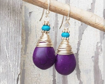 Wire Wrapped Purple and Turquoise Earrings. Purple Dangle Earrings. Turquoise Drop Earrings. Eggplant and Turquoise Jewelry. Purple Jewelry