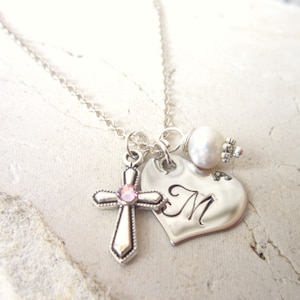 Baptism Gift. Children's Birthstone Cross Necklace. Girl's Heart Initial & Pearl Charm Necklace. First Communion Gift. Birthstone Jewelry image 1