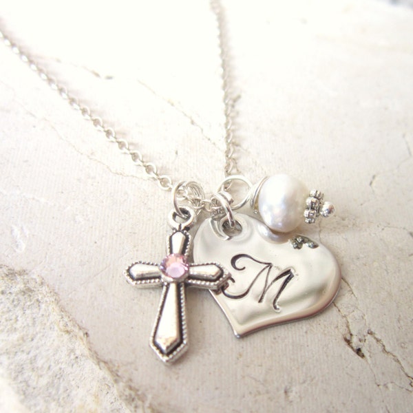 Baptism Gift. Children's Birthstone Cross Necklace. Girl's Heart Initial & Pearl Charm Necklace. First  Communion Gift. Birthstone Jewelry