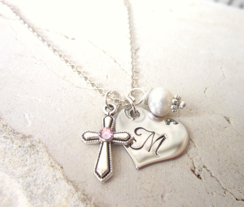 Baptism Gift. Children's Birthstone Cross Necklace. Girl's Heart Initial & Pearl Charm Necklace. First Communion Gift. Birthstone Jewelry image 1