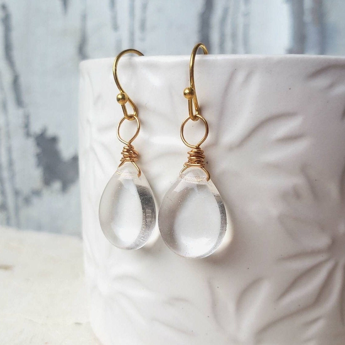 Clear Glass Drop Earrings. Clear and Gold Wrapped Glass Dangle Earrings. Clear Glass Earrings. Clear Glass Jewelry. Clear Crystal Earrings Etsy