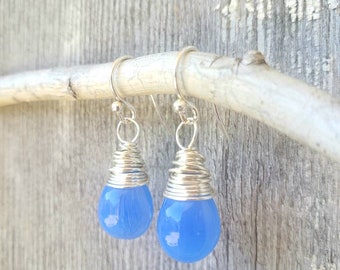 Blue Milk Glass Dangle Earrings. Wire Wrapped Czech Glass Blue Earrings. Blue Glass Earrings. Light Blue Glass Jewelry. Milk Glass Jewelry