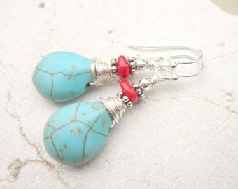 Wire Wrapped Red Coral and Turquoise Earrings. Turquoise Howlite Dangle Earrings. Red and Turquoise Drop Earrings. Turquoise Jewelry