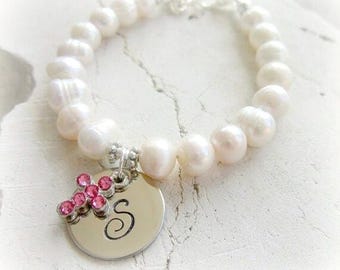 Girls Baptism Gift.Pink Crystal Cross Bracelet.Personalized Girl's First Communion Gift.Girls Genuine Pearl Bracelet.Christening Jewelry