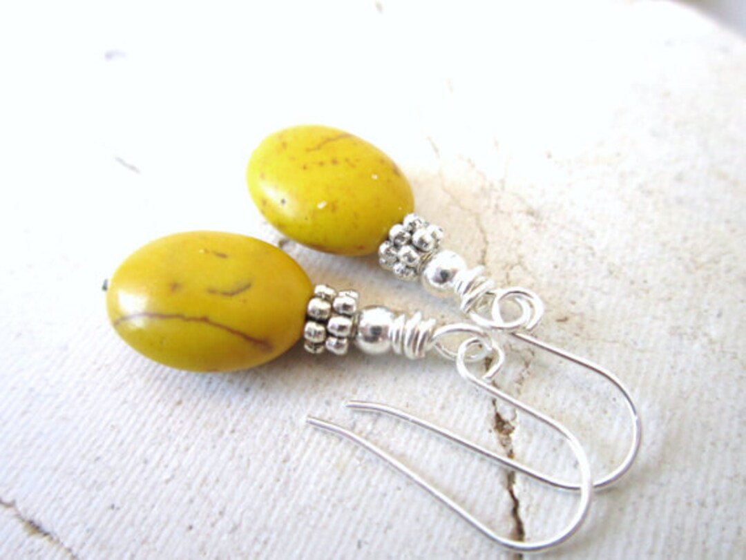 Yellow Dangle Earrings. Yellow Turquoise Earrings. Yellow Howlite Stone