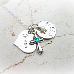 Girls Personalized Necklace with Birthstone Cross. Girls Cross Necklace Personalized. Regligious Girft for Girls. Girls First Communion Gift