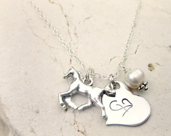 Girl's Horse Necklace.Girls Pearl and Heart Initial Heart Necklace.Teens Horse Charm Necklace.Gift for a Horse Lover.Girls Charm Necklace