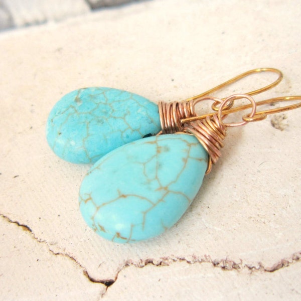 Turquoise Earrings Gold. Gold Wire Wrapped Turquoise Howlite Dangle Earrings. Turquoise Jewelry. Gold and Turquoise Earrings.Wedding Jewelry