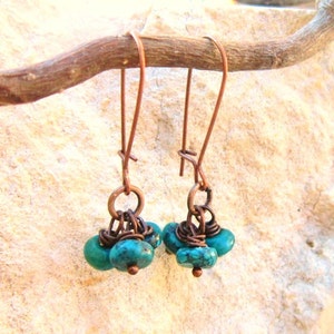 Handmade earrings chopsticks green-turquoise No 186 hanging earrings enamel on copper