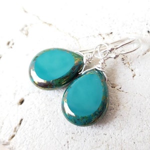 Teal Glass Drop Earrings. Sterling Silver Wrapped Green Glass Dangle Earrings. Glass Turquoise Earrings. Czech Glass Jewelry. Teal Earrings
