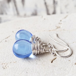 Cornflower Blue Glass Dangle Earrings. Sterling Wire Wrapped Czech Glass Light Blue Earrings. Blue Glass Earrings. Light Blue Glass Jewelry