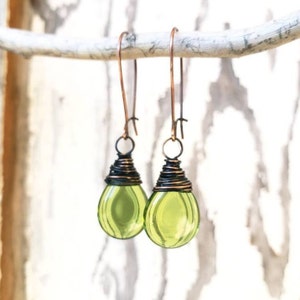 Long Olive Green Earrings. Wire Wrapped Green Briolette Earrings. Green Dangle Earrings. Green Glass Drop Earrings. Olive Green Jewelry
