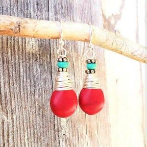Wire Wrapped Red and Turquoise Earrings.Red Dangle Earrings.Red and Turquoise Drop Earrings. Red and Turquoise Jewelry. Red Earrings