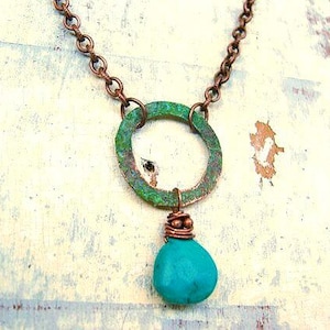 Circle Turquoise Necklace, Copper Wire Wrapped Genuine Turquoise Briolette & Rustic Verdigris Circle Pendant Necklace