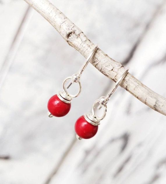 Small Red Turquoise Earrings.6mm Howlite Red Dangle Earrings. Tiny