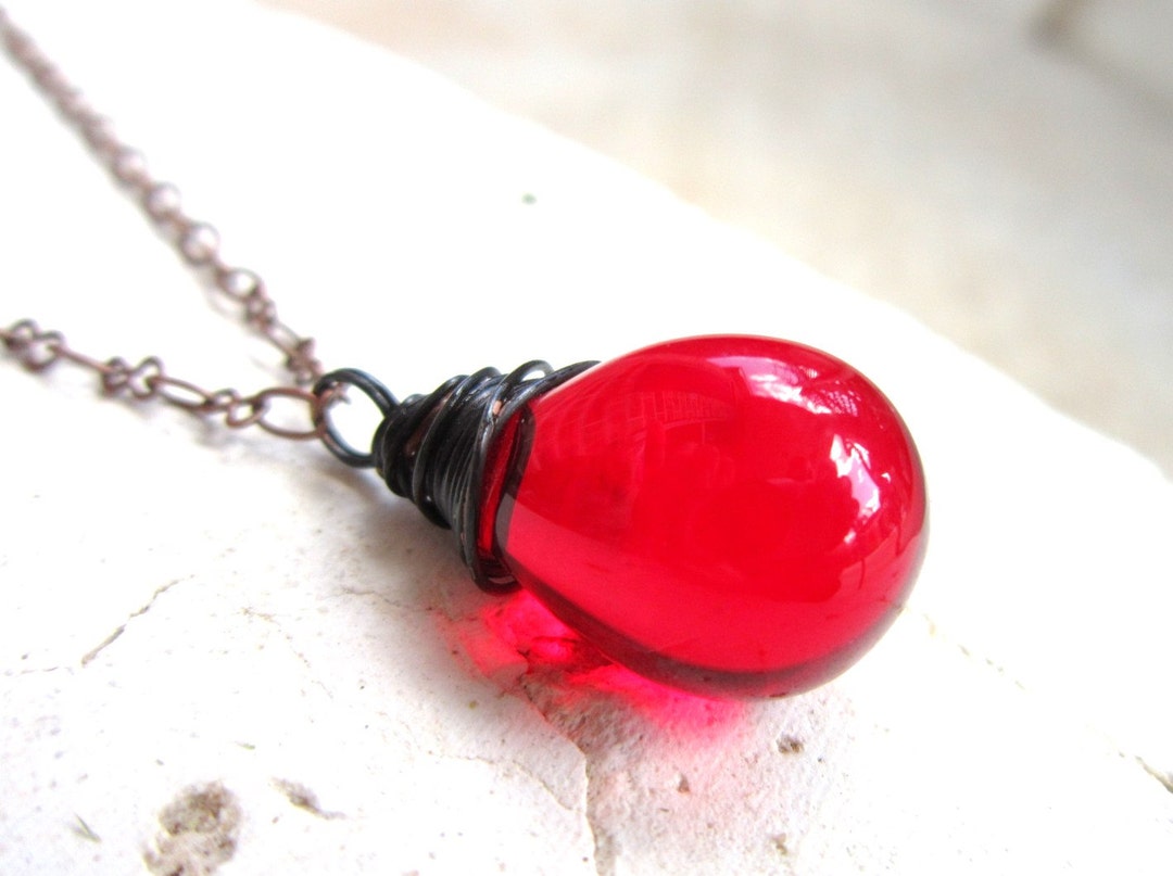 Ruby Red Necklace. Wire Wrapped Red Glass Briolette Necklace. Red