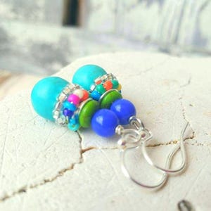 Turquoise Wire Wrapped Seed Bead Earrings. Turquoise Howlite Multi Color Earrings. Colorful Earrings. Turquoise Earrings. Seed Bead Jewelry