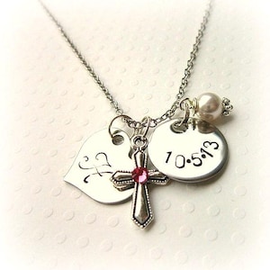 Girl&#39;s Baptism Gift.  Birthstone Cross Necklace. Children&#39;s Stamped Date & Initial Charm Necklace. First Communion Gift. Birthstone Jewelry