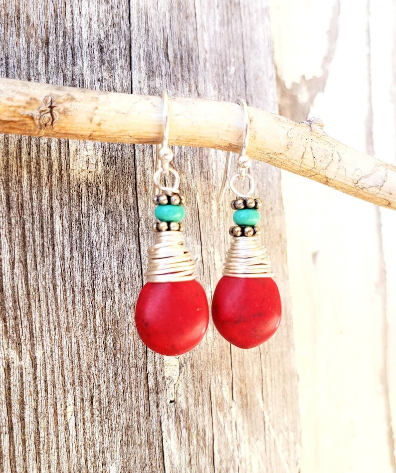 Red and Turquoise Jewelry Wire Wrapped Red and Turquoise Earrings.Red Dangle Earrings.Red and Turquoise Drop Earrings Red Earrings