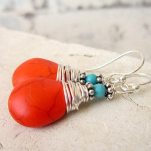 Wire Wrapped Orange and Turquoise Earrings. Orange Turquoise Howlite Dangle Earrings. Tangarine Orange Earrings. Orange Jewelry image 1