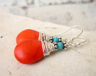 Wire Wrapped Orange and Turquoise Earrings. Orange Turquoise Howlite Dangle Earrings. Tangarine Orange Earrings. Orange Jewelry