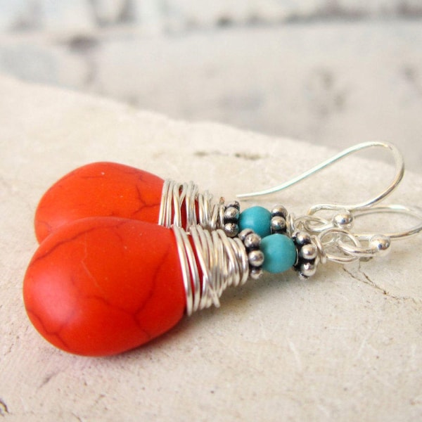 Wire Wrapped Orange and Turquoise Earrings. Orange Turquoise Howlite Dangle Earrings. Tangarine Orange Earrings. Orange Jewelry