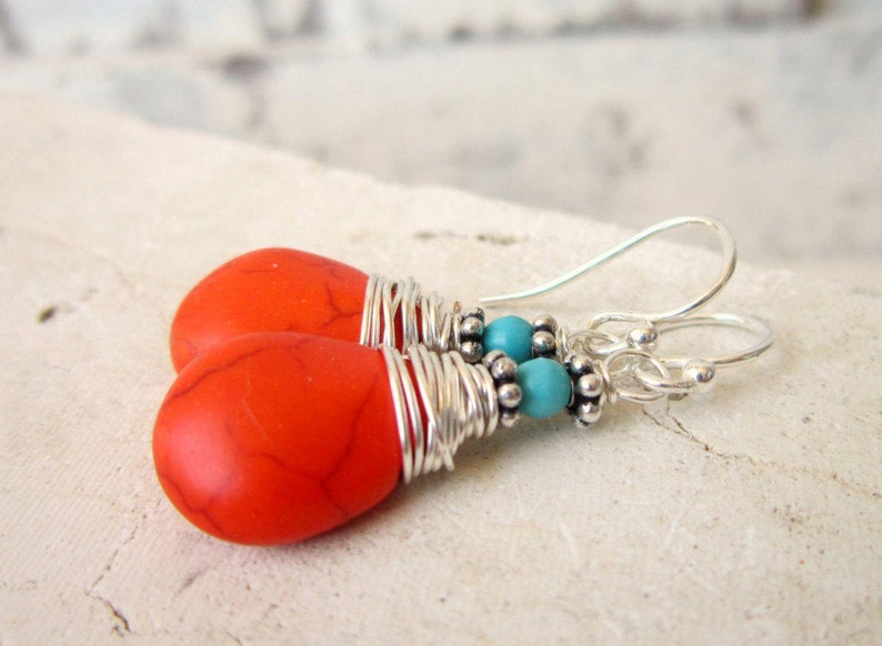 Wire Wrapped Orange and Turquoise Earrings. Orange Turquoise Howlite Dangle Earrings. Tangarine Orange Earrings. Orange Jewelry image 1