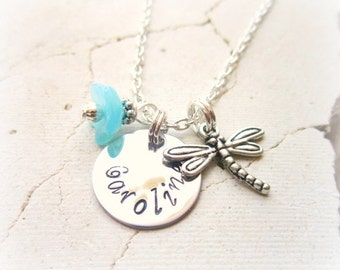 Girl's Personalized Necklace.Children's Flower Dragonfly Necklace.Stamped Name Necklace.Girls Birthday Gift. Stamped Jewelry. Flower Girl