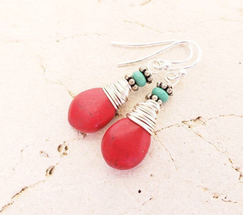 Red and Turquoise Jewelry Wire Wrapped Red and Turquoise Earrings.Red Dangle Earrings.Red and Turquoise Drop Earrings Red Earrings
