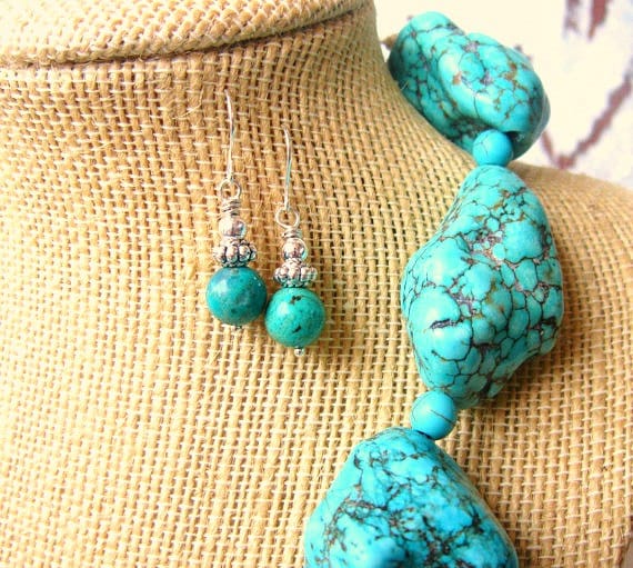 Natural Blue Turquoise Chunky Bead Necklace - Adjustable 18-36", Boho Style, Handmade