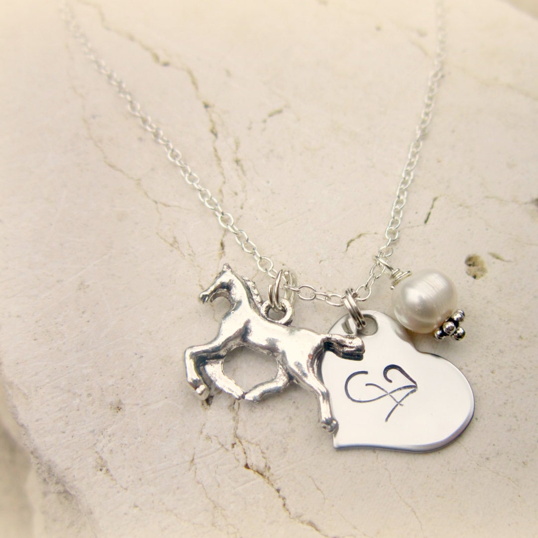 Girl's Horse Necklace.girls Pearl and Heart Initial Heart Necklace